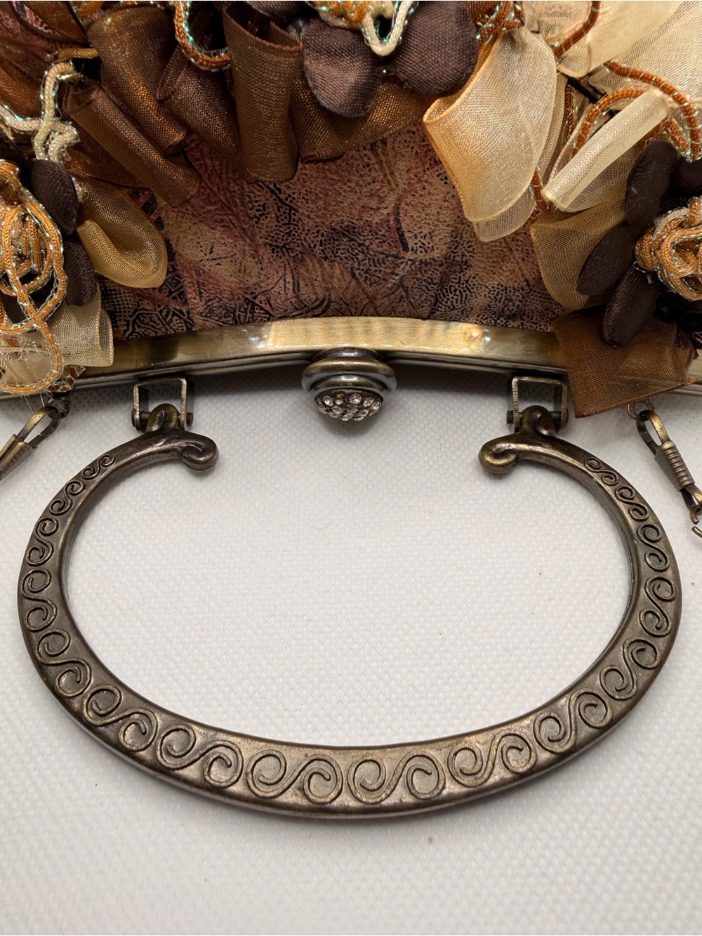 Vintage Floral Frame Kiss Lock Evening Bag Bronze Chain Strap - Picture 4 of 10